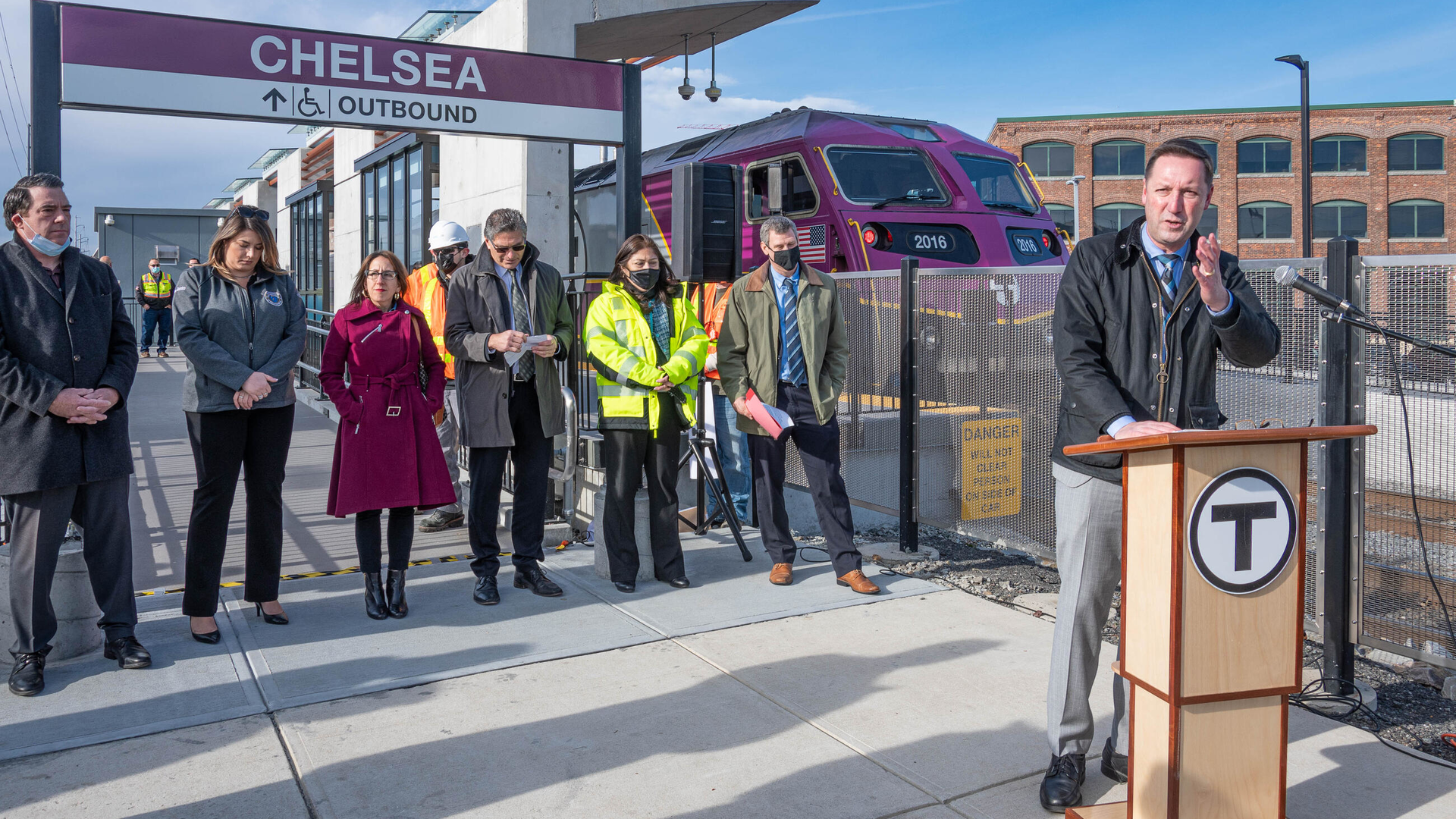 MBTA General Manager Steve Poftak speaks at the Chelsea Station ribbon-cutting with MassDOT Secretary and CEO Jamey Tesler and community leaders.