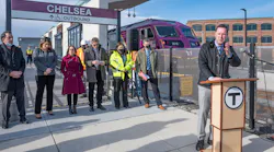 MBTA General Manager Steve Poftak speaks at the Chelsea Station ribbon-cutting with MassDOT Secretary and CEO Jamey Tesler and community leaders.