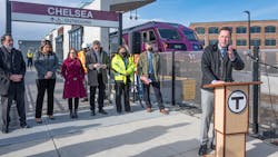 MBTA General Manager Steve Poftak speaks at the Chelsea Station ribbon-cutting with MassDOT Secretary and CEO Jamey Tesler and community leaders. MBTA General Manager Steve Poftak speaks at the Chelsea Station ribbon-cutting with MassDOT Secretary and CEO Jamey Tesler and community leaders.