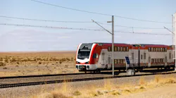 A Caltrain EMU operates under testing conditions at a facility in Pueblo, Colo.