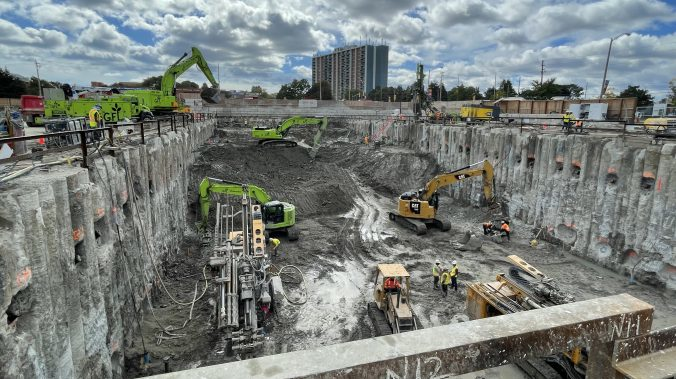 The launch site where tunnel boring machines will be lowered to bore the Eglinton Crosstown West Extension. As work progresses on the first tunneling contract for the project, Infrastructure Ontario and Metrolinx issued an RFQ for the second tunneling package for the project.