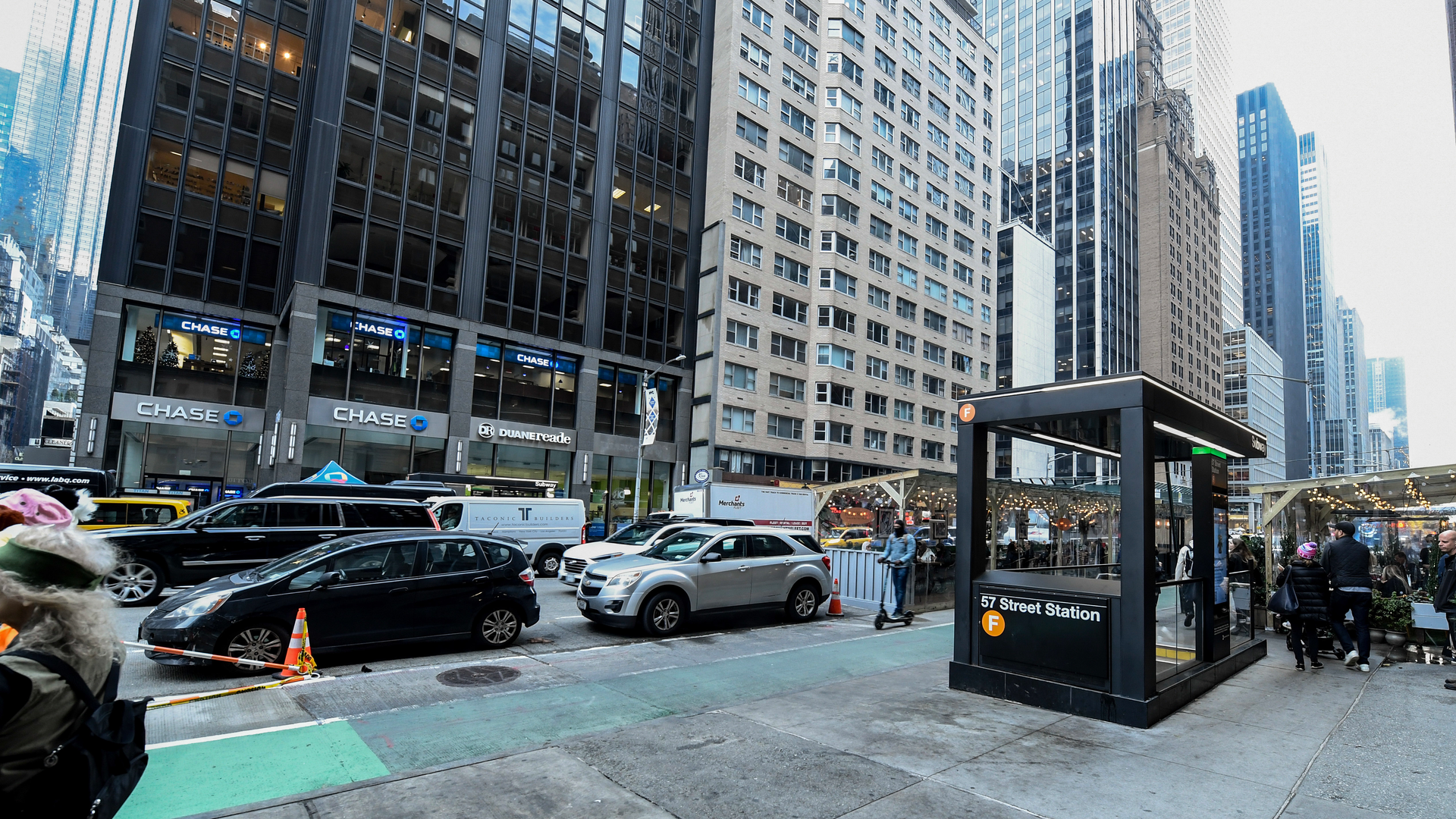 Views of the 57 St Station on the F line where an elevator is to be installed at the northwest corner of West 56 St & Avenue of the Americas.