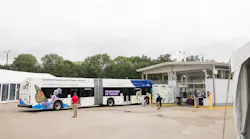 One of two of MTD’s 60-foot hydrogen fuel cell buses pulls the fuel island, recently upgraded to incorporate fueling with hydrogen, produced on-site.