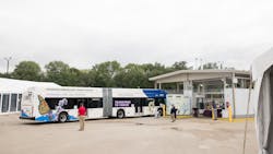 One of two of MTD’s 60-foot hydrogen fuel cell buses pulls the fuel island, recently upgraded to incorporate fueling with hydrogen, produced on-site. One of two of MTD’s 60-foot hydrogen fuel cell buses pulls the fuel island, recently upgraded to incorporate fueling with hydrogen, produced on-site.