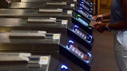 In this August 2019 image, a New York City Transit patron taps into the system using a credit/debit card. MTI is urging action to protect PII as more transit systems expand data collection through platforms such as contactless fare systems. In this August 2019 image, a New York City Transit patron taps into the system using a credit/debit card. MTI is urging action to protect PII as more transit systems expand data collection through platforms such as contactless fare systems.