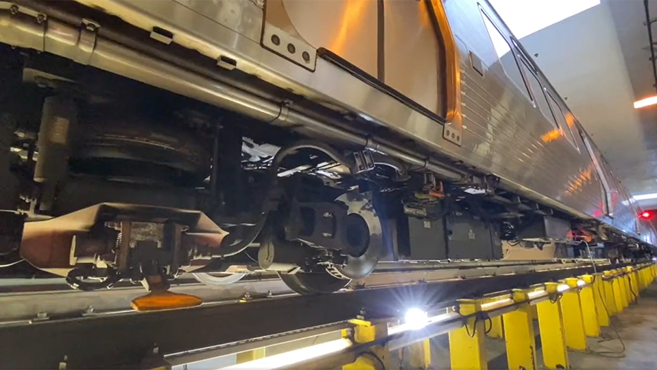 A screenshot from a WMATA video showing the inspection process the authority is putting the 7000-series cars through to assess proper wheel-gauge.