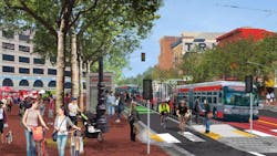 A rendering of Market Street in San Francisco where a new design aims to create a comfortable, universally accessible, sustainable and enjoyable place.