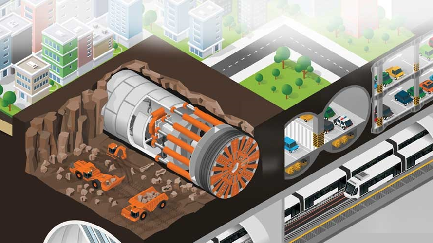 An illustration showing a tunnel being bored beneath San Diego streets.