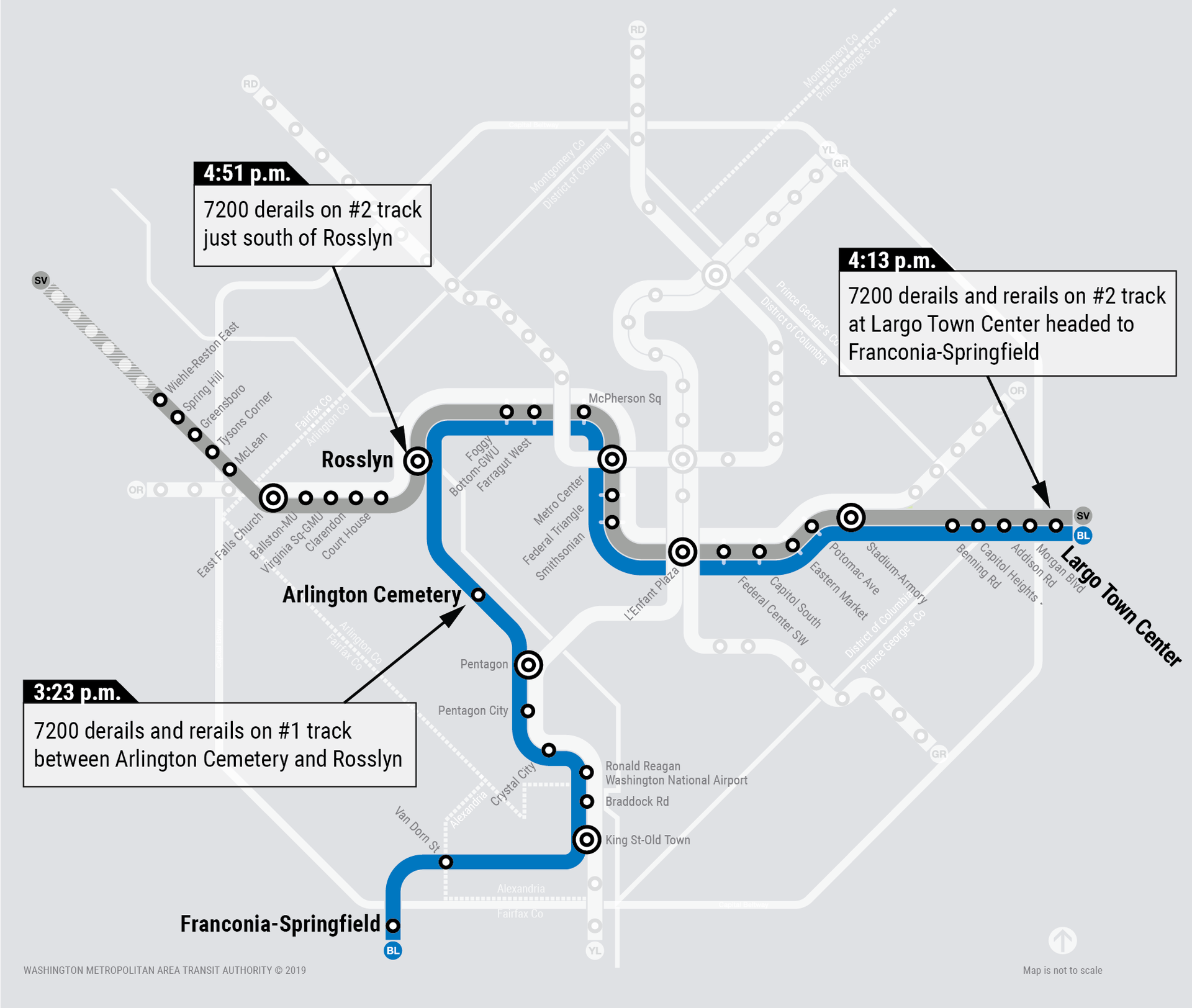 A map showing time and location of where the WMATA railcar wheelset derailed and then rerailed while moving through switches, as well as the location of the final derailment.