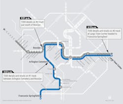 A map showing time and location of where the WMATA railcar wheelset derailed and then rerailed while moving through switches, as well as the location of the final derailment. A map showing time and location of where the WMATA railcar wheelset derailed and then rerailed while moving through switches, as well as the location of the final derailment.