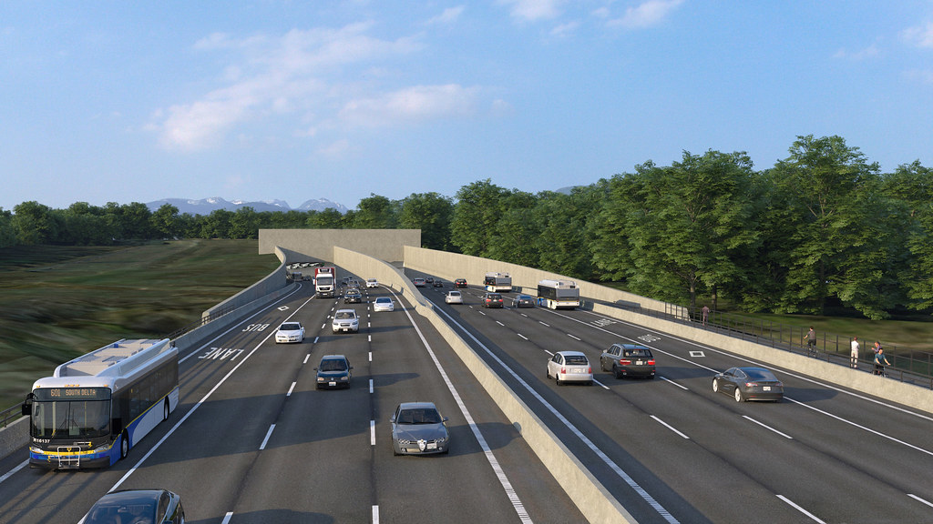 A rendering illustrating bus-on-shoulder lanes, as well as pedestrian a multi-use train as part of the Highway 99 Tunnel Program in the province of British Columbia.