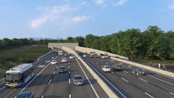 A rendering illustrating bus-on-shoulder lanes, as well as pedestrian a multi-use train as part of the Highway 99 Tunnel Program in the province of British Columbia. A rendering illustrating bus-on-shoulder lanes, as well as pedestrian a multi-use train as part of the Highway 99 Tunnel Program in the province of British Columbia.