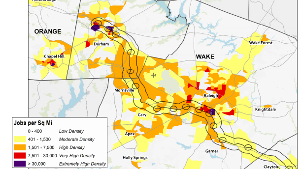 TJCG's assessment found 30 percent of all jobs in Wake, Durham, Johnston and Orange counties are within a mile of the rail corridor.