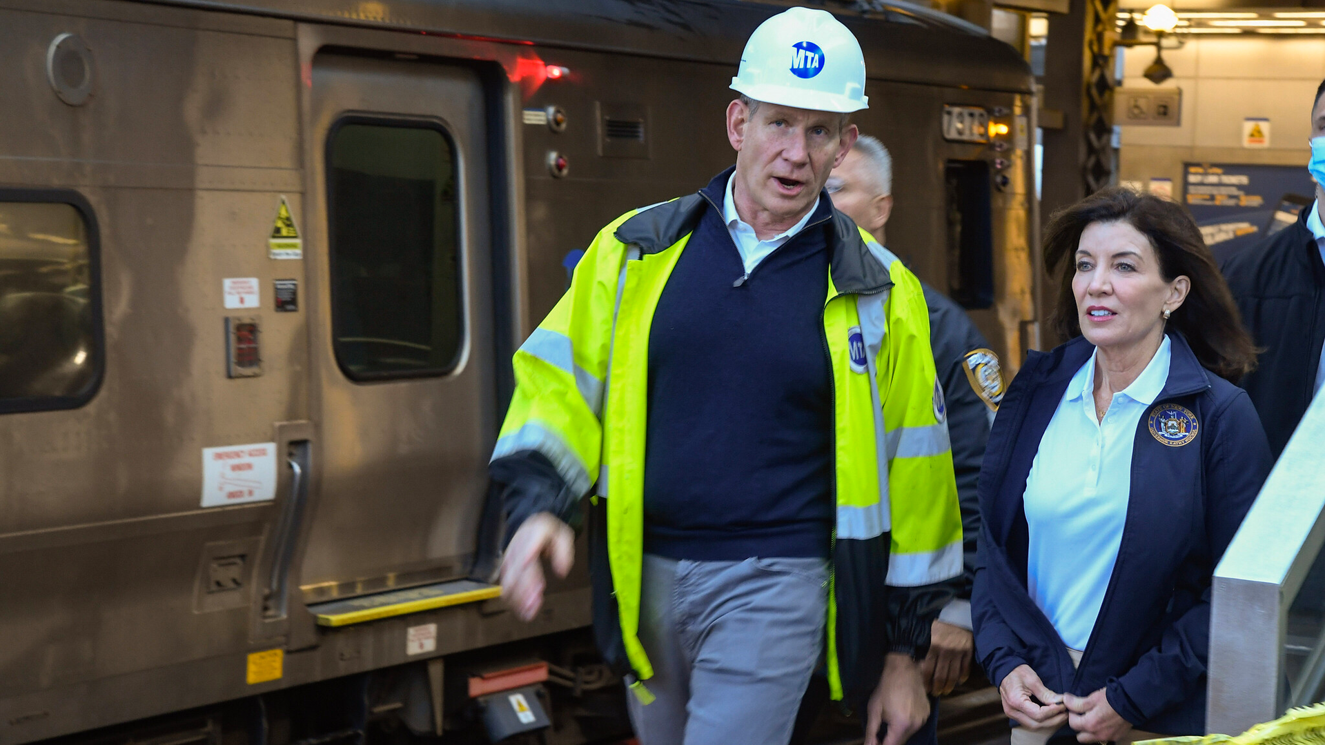 New York Gov. Kathy Hochul, right, joins MTA Acting Chair & CEO Janno Lieber, left, during an October 2021 test train from Jamaica to the East Side Access complex at Grand Central Terminal.