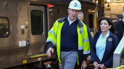 New York Gov. Kathy Hochul, right, joins MTA Acting Chair &amp; CEO Janno Lieber, left, during an October 2021 test train from Jamaica to the East Side Access complex at Grand Central Terminal.