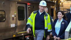 New York Gov. Kathy Hochul, right, joins MTA Acting Chair &amp; CEO Janno Lieber, left, during an October 2021 test train from Jamaica to the East Side Access complex at Grand Central Terminal.