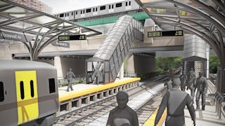 Concept artwork showing a platform-level view of the Conventional Rail alternative at a possible Roosevelt Avenue Station in Queens.