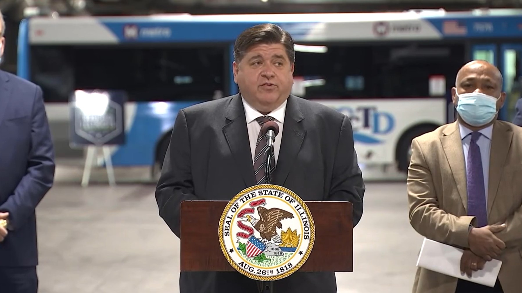 Illinois Gov. J.B. Pritzker speaks at SCCTD's Illinois Bus Garage to announce a second round of Rebuild Illinois grants will benefit 37 transit agencies and 51 projects throughout the state.