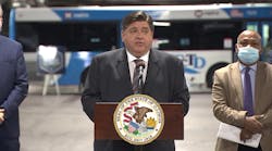Illinois Gov. J.B. Pritzker speaks at SCCTD&apos;s Illinois Bus Garage to announce a second round of Rebuild Illinois grants will benefit 37 transit agencies and 51 projects throughout the state.