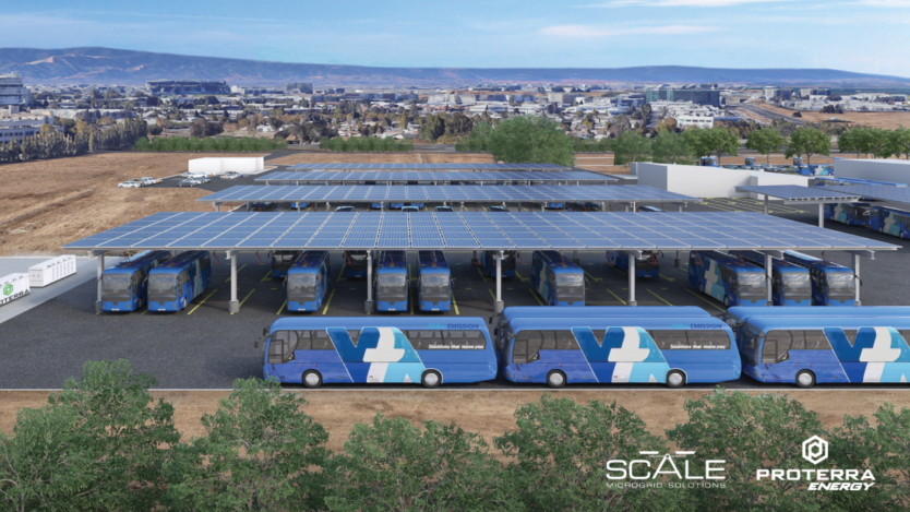 Rendering of full bus fleet electrification at Cerone Bus Yard. This project would build the infrastructure associated with the nearest solar canopy.