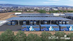 Rendering of full bus fleet electrification at Cerone Bus Yard. This project would build the infrastructure associated with the nearest solar canopy. Rendering of full bus fleet electrification at Cerone Bus Yard. This project would build the infrastructure associated with the nearest solar canopy.