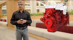 Srikanth Padmanabhan, president of Cummins Engine Business, speaks during a virtual press event. The basic concept of the fuel-agnostic engines is that the area in red will feature common parts, while the area in white will include parts specific to a fuel type.