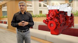Srikanth Padmanabhan, president of Cummins Engine Business, speaks during a virtual press event. The basic concept of the fuel-agnostic engines is that the area in red will feature common parts, while the area in white will include parts specific to a fuel type. Srikanth Padmanabhan, president of Cummins Engine Business, speaks during a virtual press event. The basic concept of the fuel-agnostic engines is that the area in red will feature common parts, while the area in white will include parts specific to a fuel type.