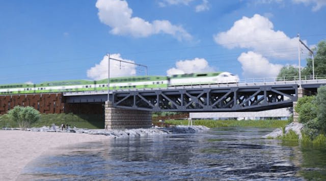 An electric powered GO train moves across a bridge, in this artist rendering. (Metrolinx image)