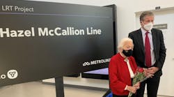 Former mayor of Mississauga Hazel McCallion stands with Metrolinx President and CEO Phil Verster.