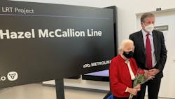 Former mayor of Mississauga Hazel McCallion stands with Metrolinx President and CEO Phil Verster.