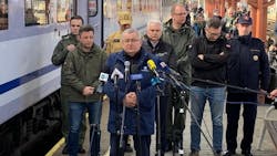 Poland Minister of Infrastructure Andrzej Adamczyk speaks Feb. 26 at an event announcing PKP Intercity would provide Ukrainian refugees free passage on trains; several European counties are offering the same to those fleeing the conflict.