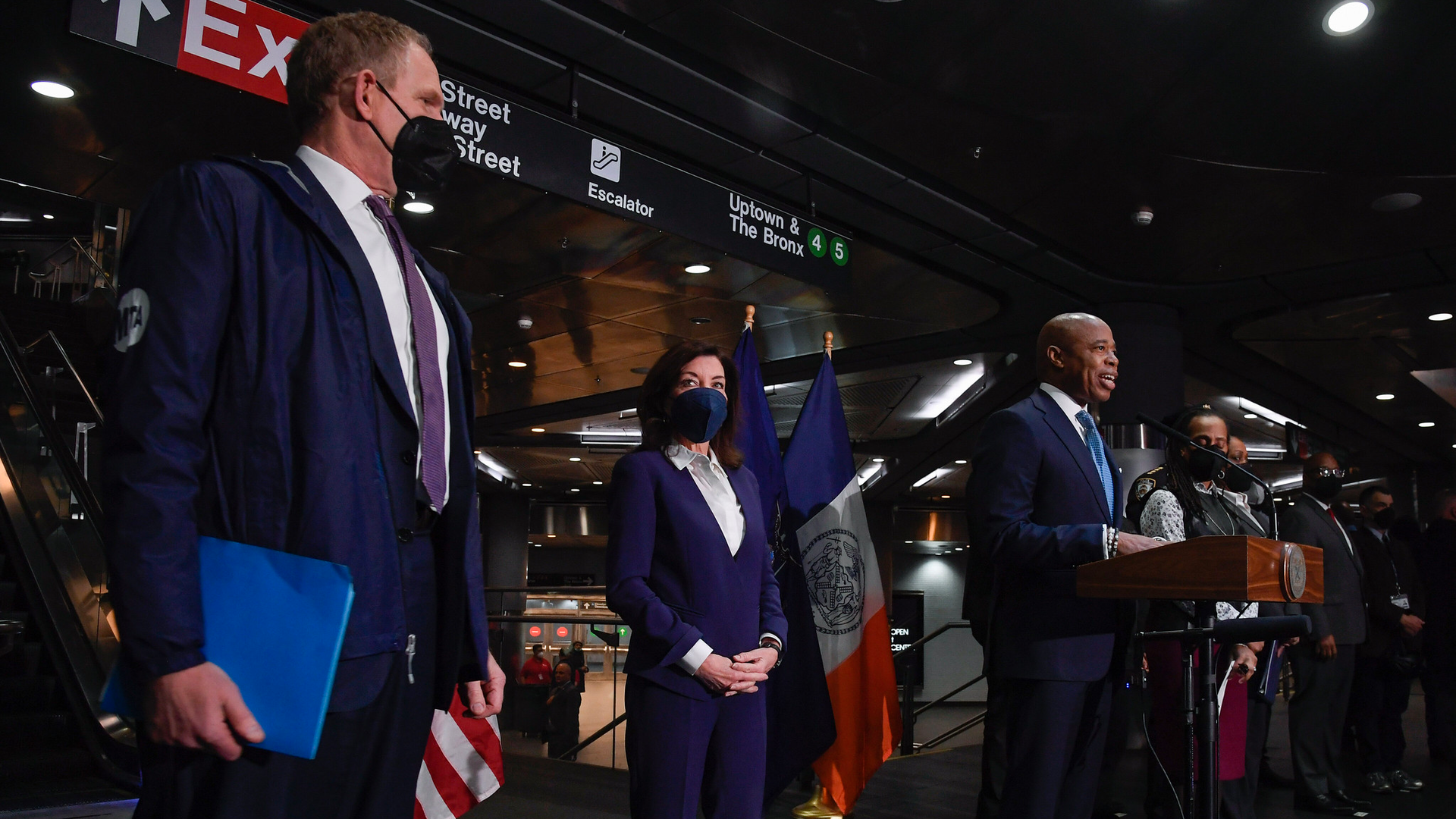 NYC Mayor Eric Adams speaks on the city's Subway Safety Plan with Gov. Kathy Hochul at center and MTA Chairman and CEO Janno Lieber on the left.