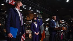 NYC Mayor Eric Adams speaks on the city&apos;s Subway Safety Plan with Gov. Kathy Hochul at center and MTA Chairman and CEO Janno Lieber on the left.