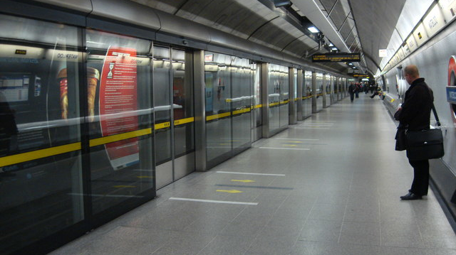 A type of platform door is seen on the London Underground's system at the westbound Jubilee Line platform of Waterloo station.