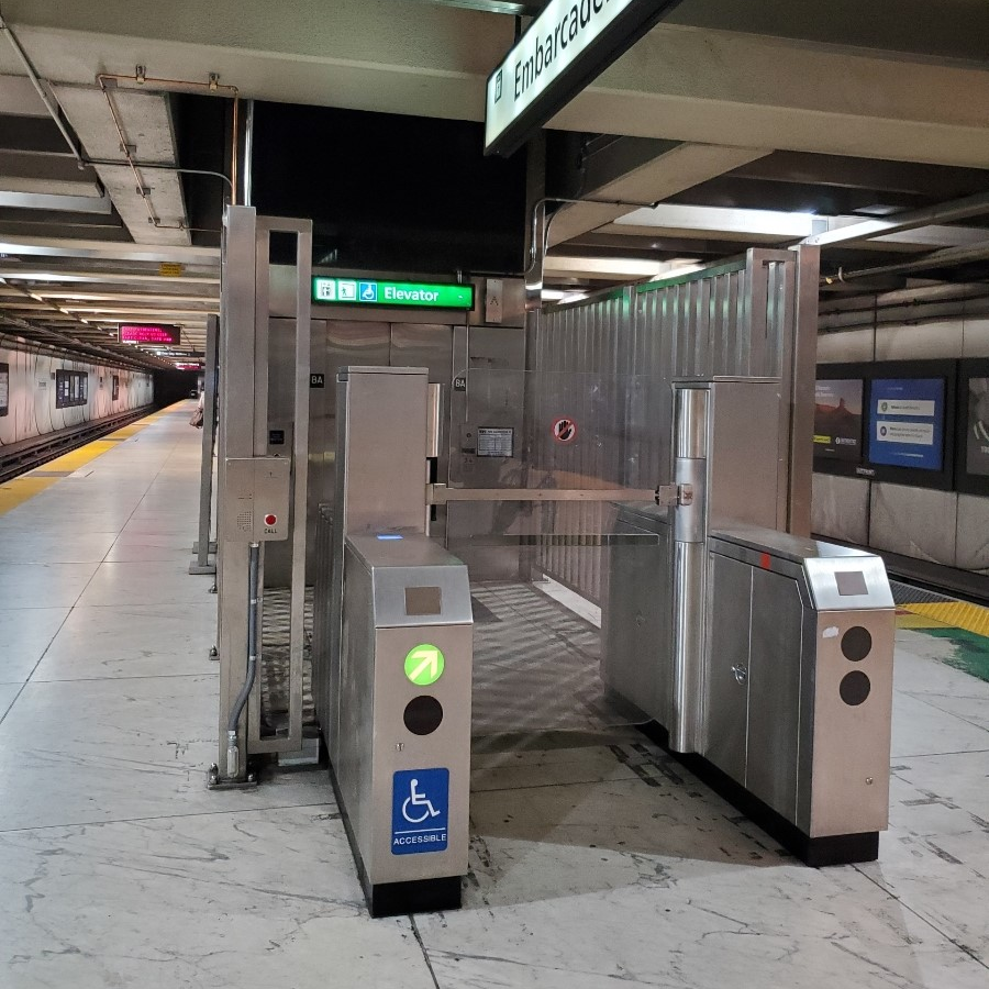 A new fare gate at the elevator on the platform of Embarcadero will save riders time and reduce fare evasion.