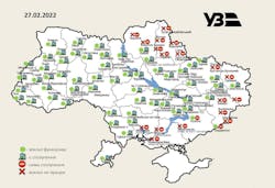 A map showing which railway stations within Ukraine were still operational as of Feb. 27, 2022.