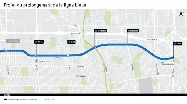 A map of the planned eastern extension of Montreal&apos;s Blue Line.