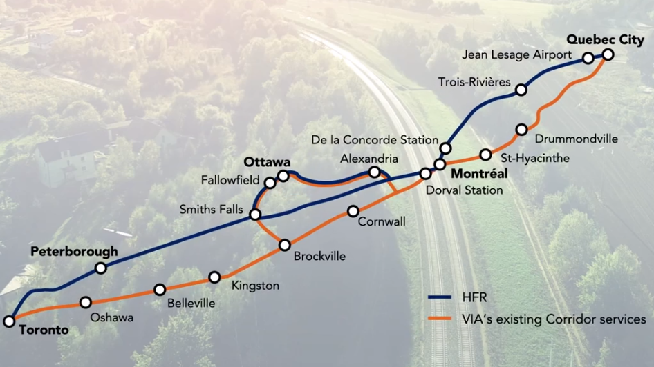 VIA Rail Canada's exiting corridor between Toronto and Quebec City in orange and the proposed High Frequency Rail corridor in blue.