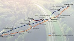 VIA Rail Canada&apos;s exiting corridor between Toronto and Quebec City in orange and the proposed High Frequency Rail corridor in blue.