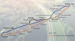 VIA Rail Canada&apos;s exiting corridor between Toronto and Quebec City in orange and the proposed High Frequency Rail corridor in blue.