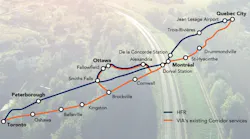 VIA Rail Canada's exiting corridor between Toronto and Quebec City in orange and the proposed High Frequency Rail corridor in blue.