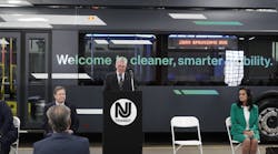 NJ Transit President and CEO Kevin Corbett speaks at an event marking the installation of eight electric vehicle chargers at its Newton Avenue Bus Garage to support the roll out of an initial eight electric buses this summer.