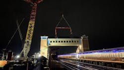 Crews lifted the overpass into position in less than two hours. Crews lifted the overpass into position in less than two hours.