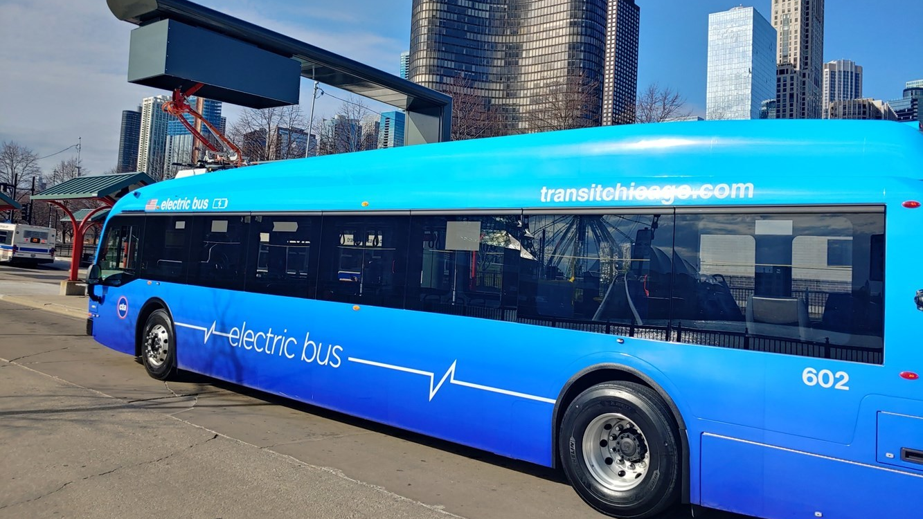 One of CTA's electric buses charging at Navy Pier in downtown Chicago.