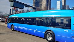 One of CTA&apos;s electric buses charging at Navy Pier in downtown Chicago.
