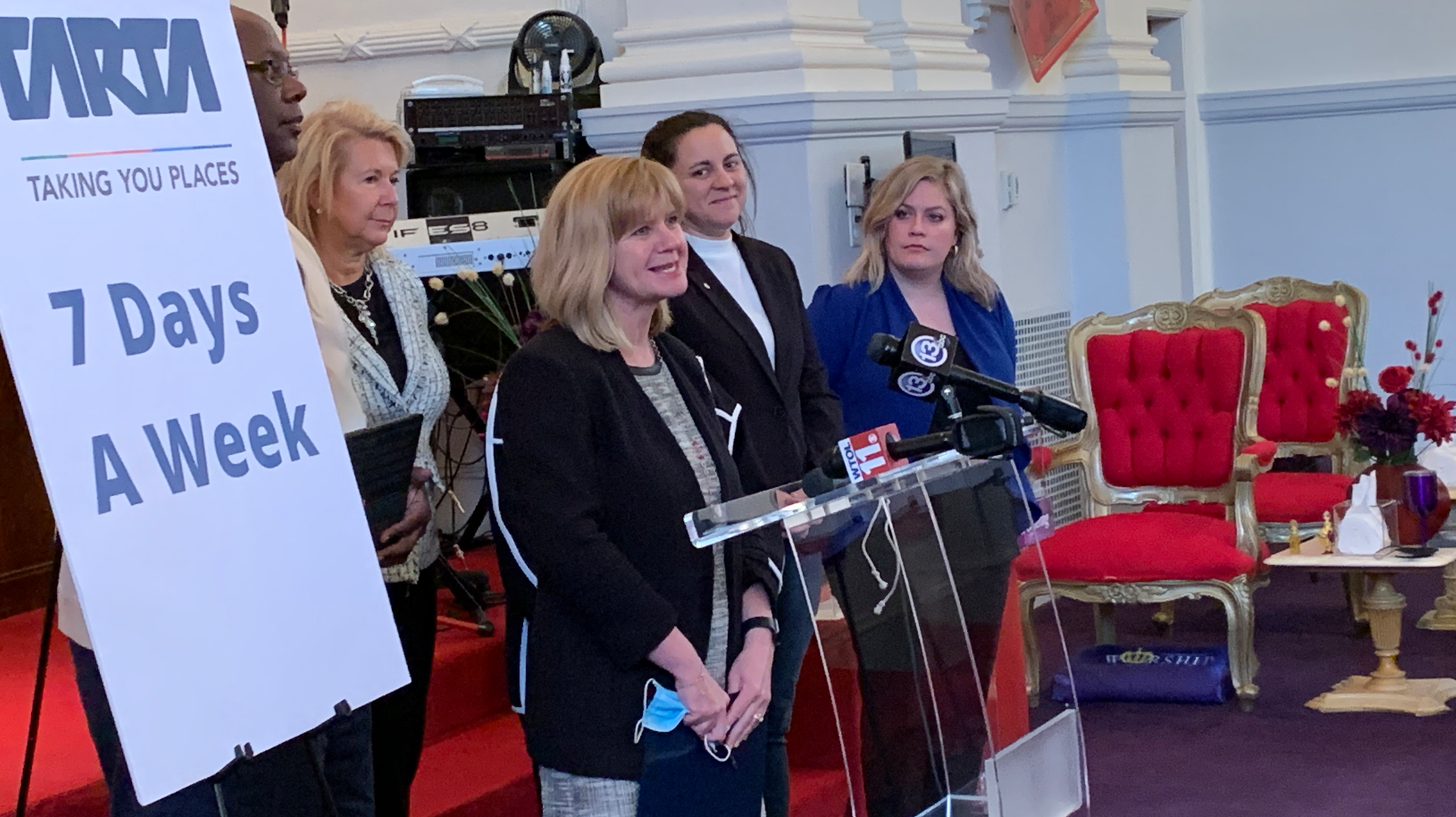 From left: Toledo NAACP President Rev. Willie Perryman, TARTA Board of Trustees Vice President Mary Morrison, TARTA CEO Laura Koprowski (at podium), TARTA Board of Trustees President Kelsie Hoagland and Toledo Regional Chamber of Commerce Vice President Sara Swisher.