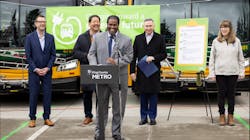 King County Metro General Manager Terry White addresses the press conference announcing the electric bus milestone. King County Metro General Manager Terry White addresses the press conference announcing the electric bus milestone.