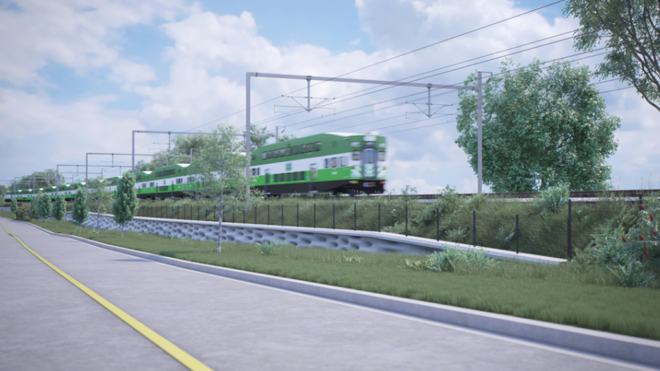 In this artist rendering, a GO train moves along a track, powered by electricity from above.