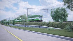 In this artist rendering, a GO train moves along a track, powered by electricity from above. In this artist rendering, a GO train moves along a track, powered by electricity from above.