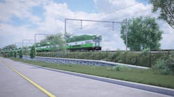 In this artist rendering, a GO train moves along a track, powered by electricity from above.